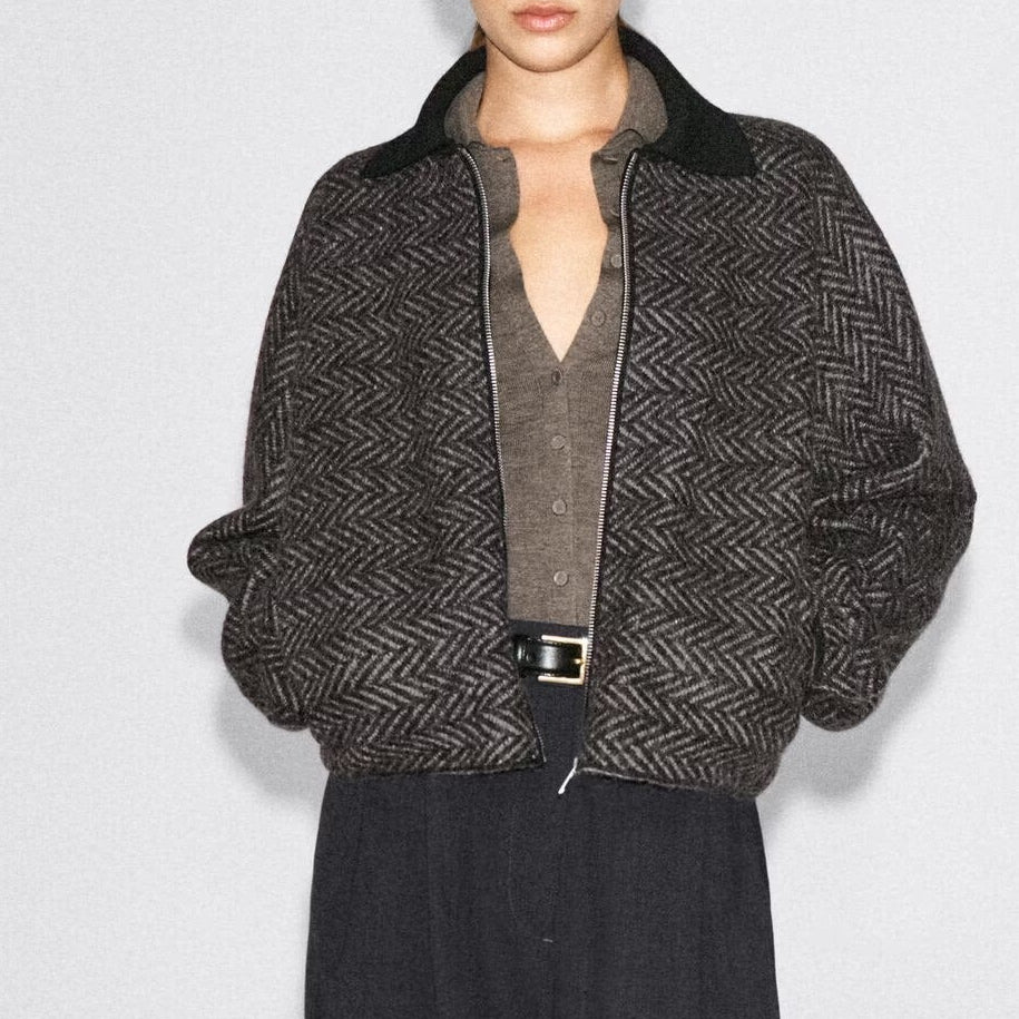 Brown herringbone cropped zip up jacket
