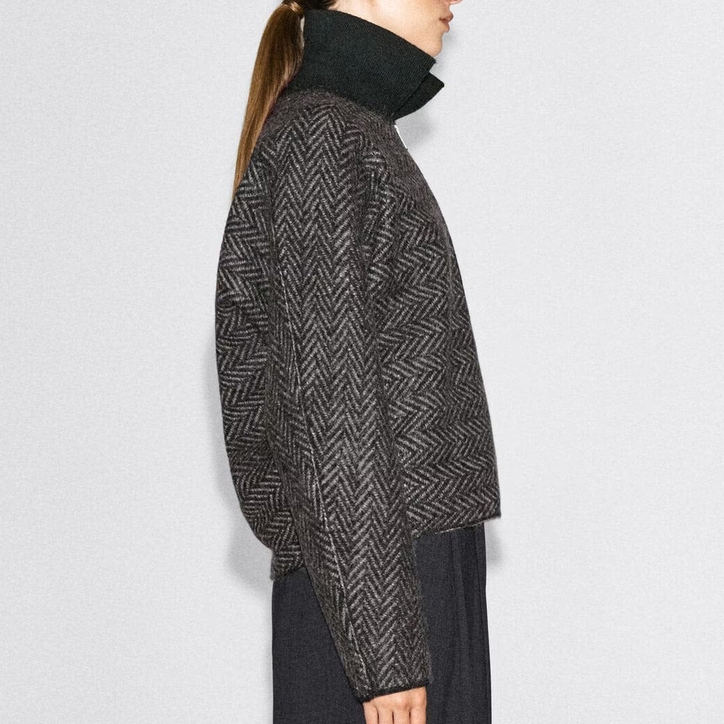 Brown herringbone cropped zip up jacket