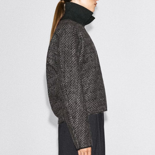 Brown herringbone cropped zip up jacket