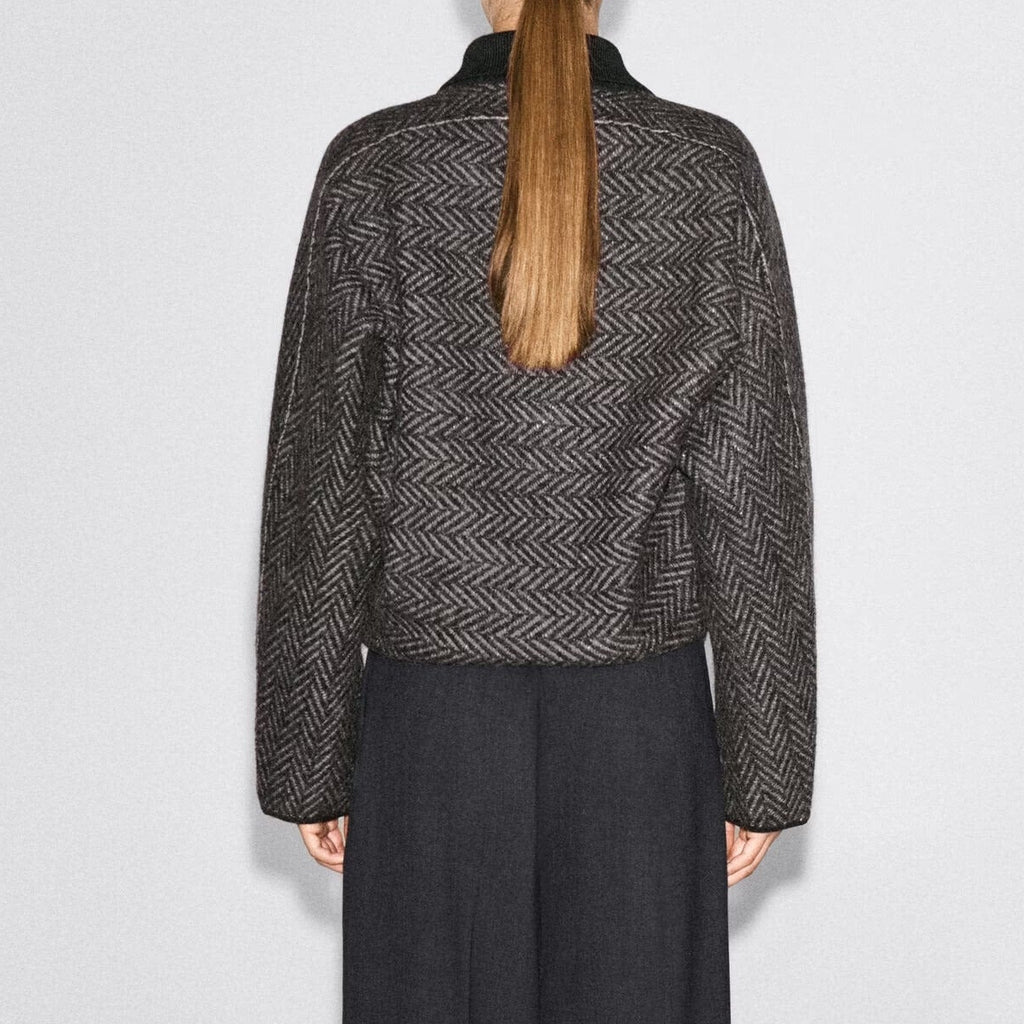 Brown herringbone cropped zip up jacket