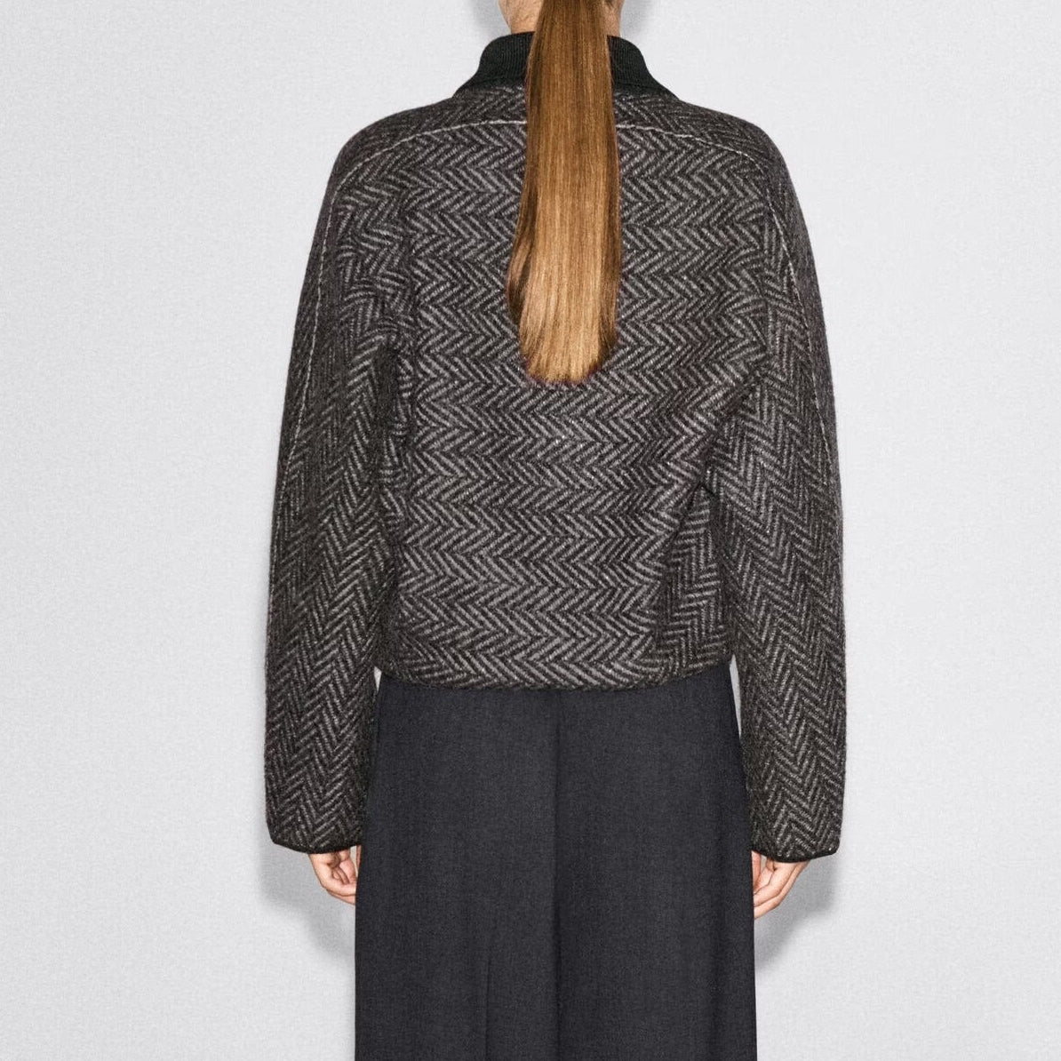 Brown herringbone cropped zip up jacket