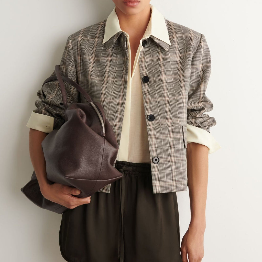 Brown plaid cropped button front jacket