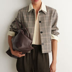 Brown plaid cropped button front jacket