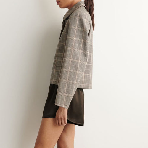 Brown plaid cropped button front jacket