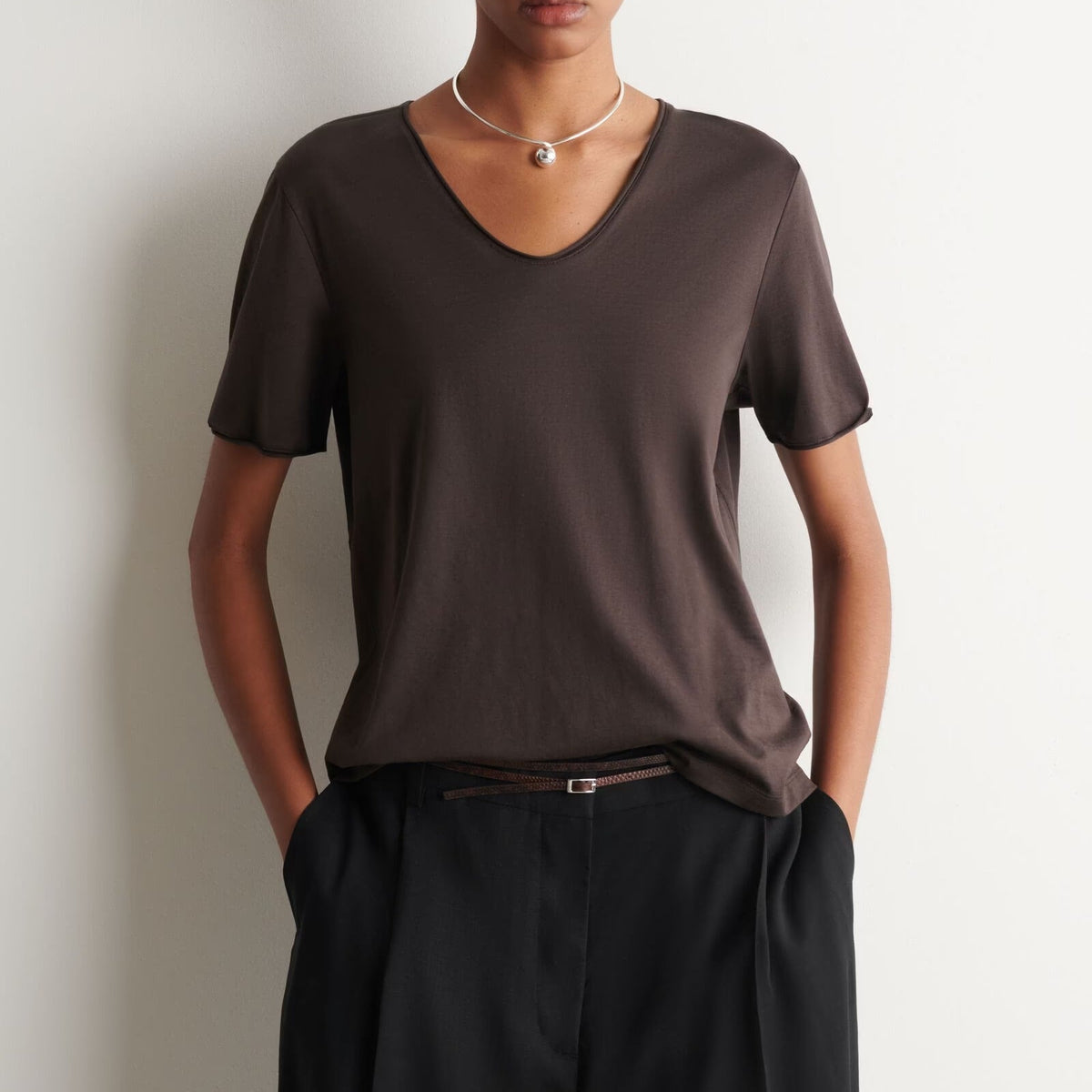 Dark brown v neck short sleeve loose t-shirt