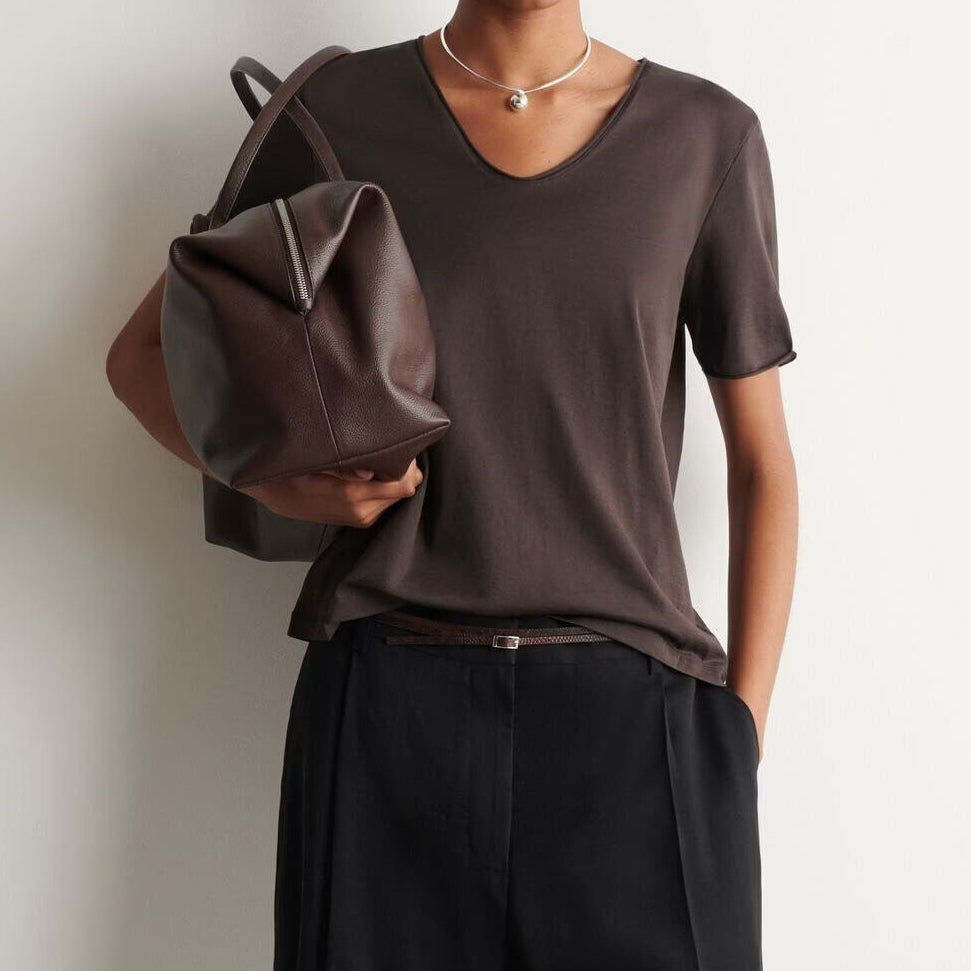 Dark brown v neck short sleeve loose t-shirt